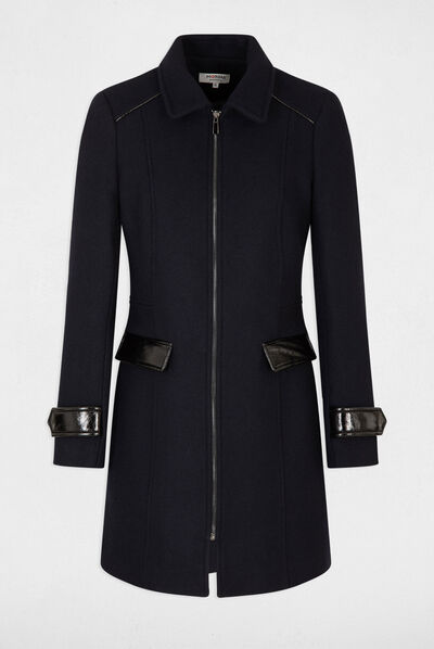 Straight coat faux leather details navy ladies'