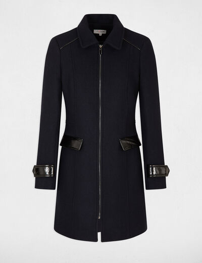 Straight coat faux leather details navy ladies'