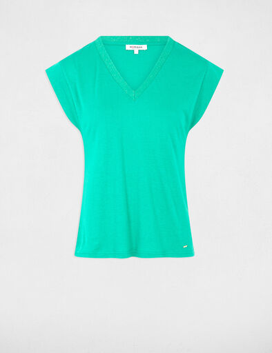 Short-sleeved t-shirt with V-neck emerald green women