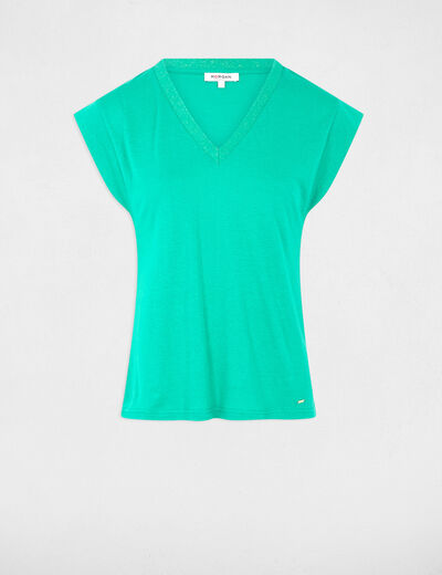 Short-sleeved t-shirt with V-neck emerald green women