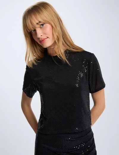 High neck sequin t-shirt black women