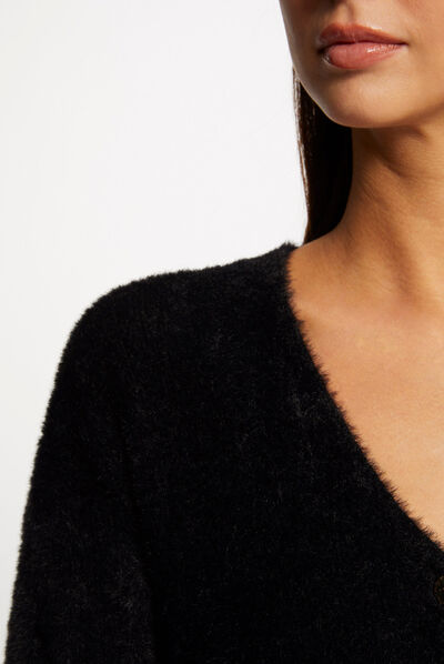Long-sleeved cardigan with V-neck black ladies'