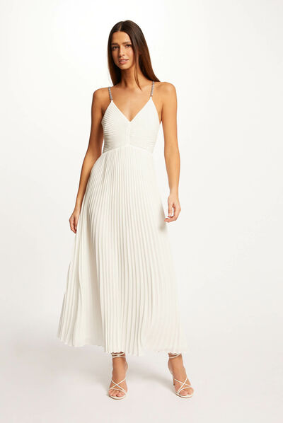 Maxi A-line pleated dress with open back ecru ladies'
