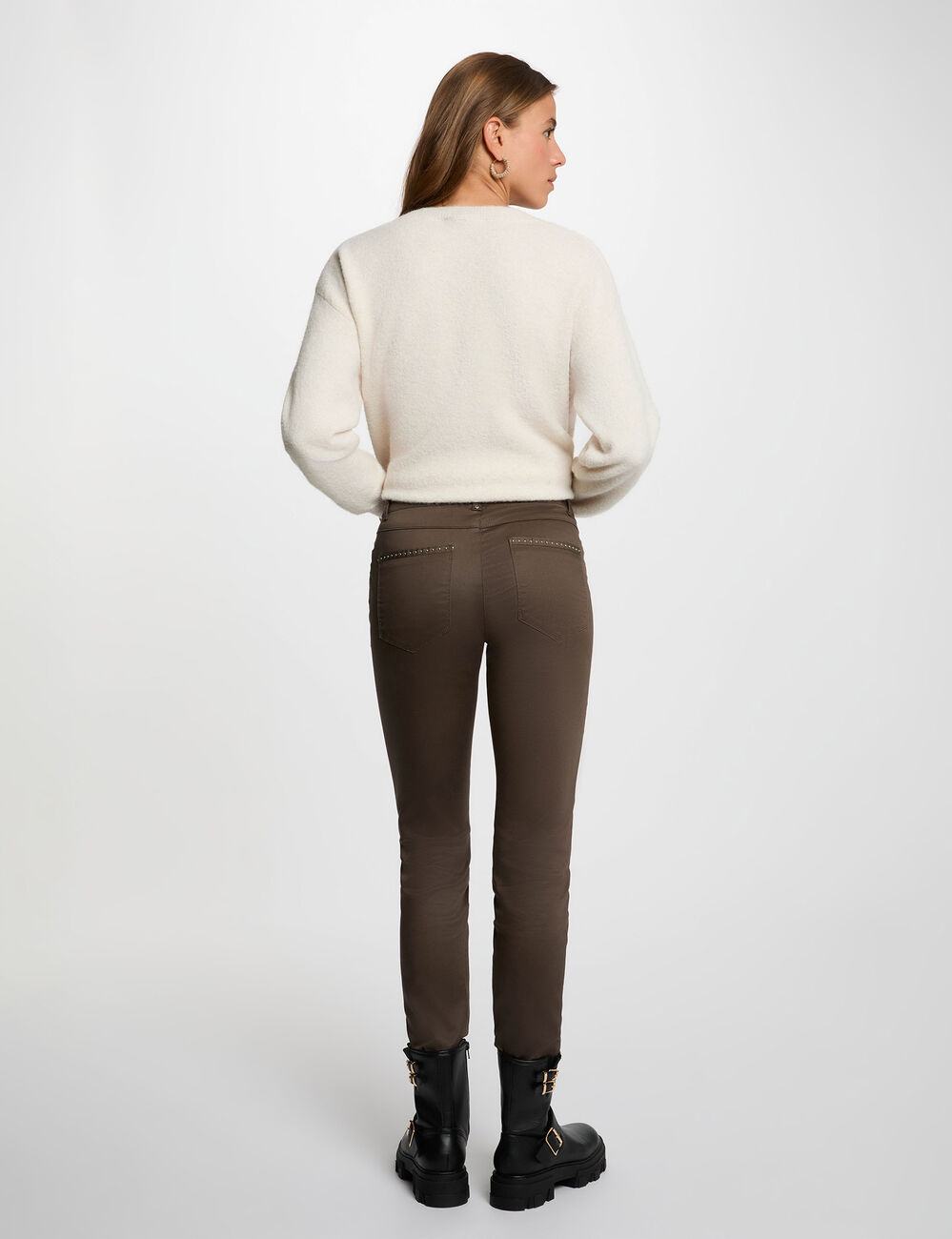 Slim trousers wet effect taupe women