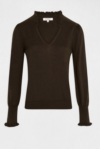 Long-sleeved jumper with ruffles dark green ladies'