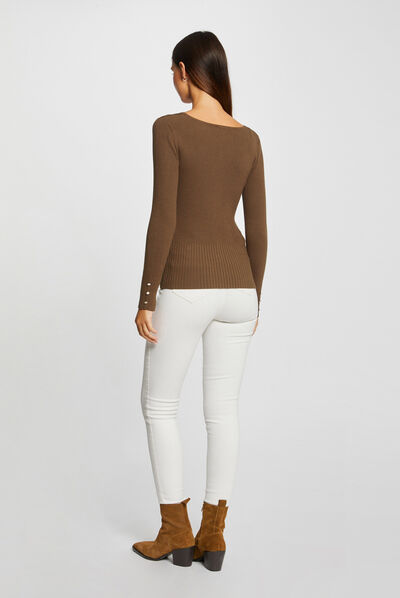 Long-sleeved ribbed jumper with V-neck mid-green ladies'