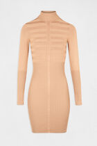 Knitted fitted dress with turtleneck camel women