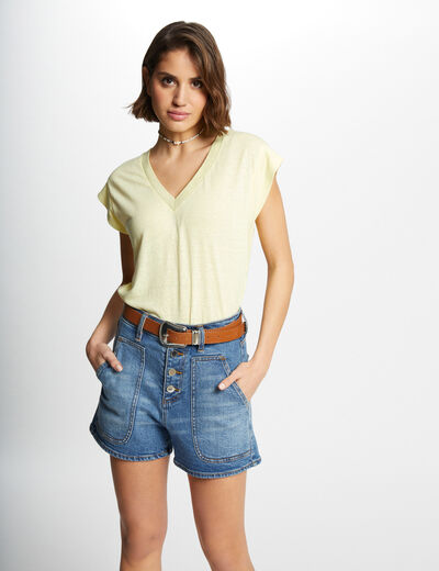 Short-sleeved t-shirt with V-neck light yellow ladies'