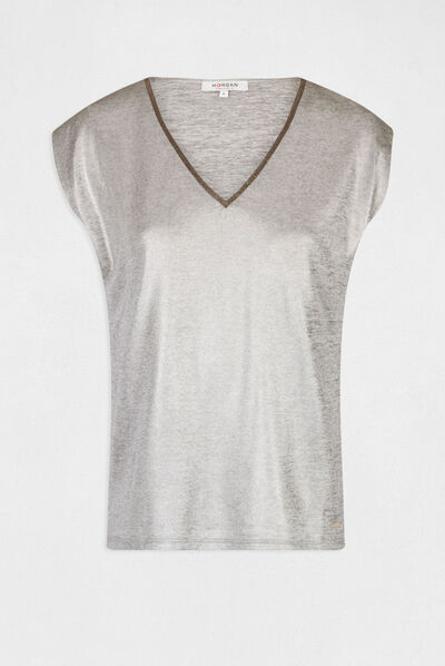 Short-sleeved metallised t-shirt silver ladies'