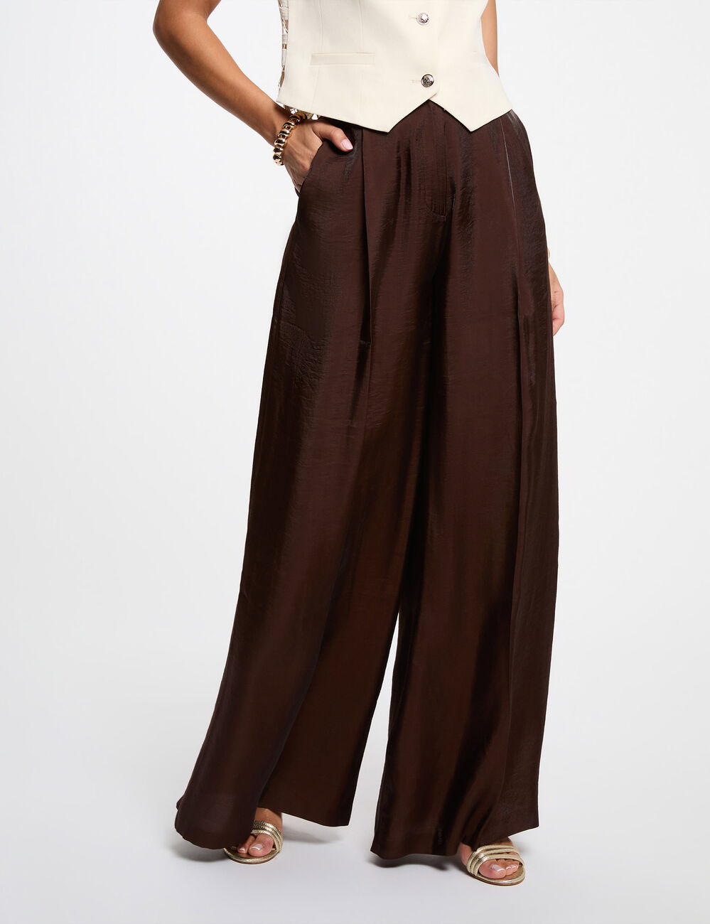 Wide-leg high-waisted trousers dark brown women