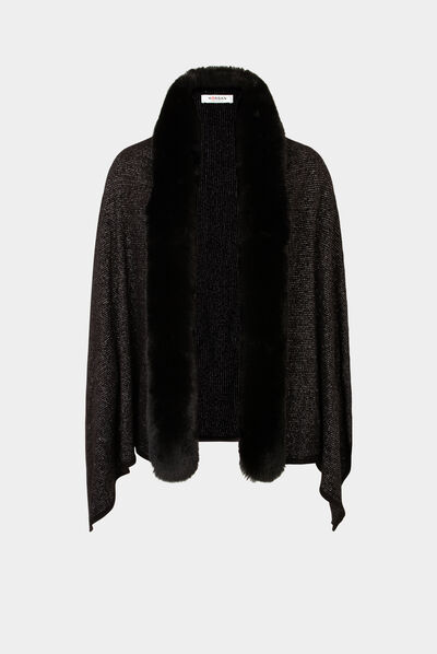Poncho with faux fur details black ladies'