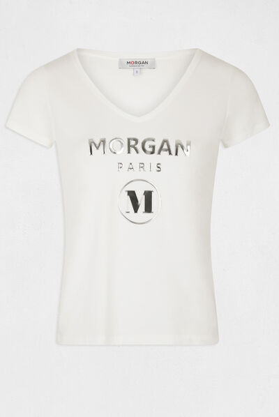 Short-sleeved t-shirt with message ecru ladies'