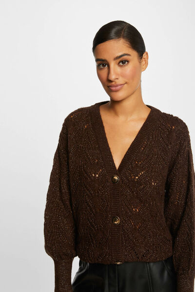 Long-sleeved cardigan openwork details chestnut brown ladies'