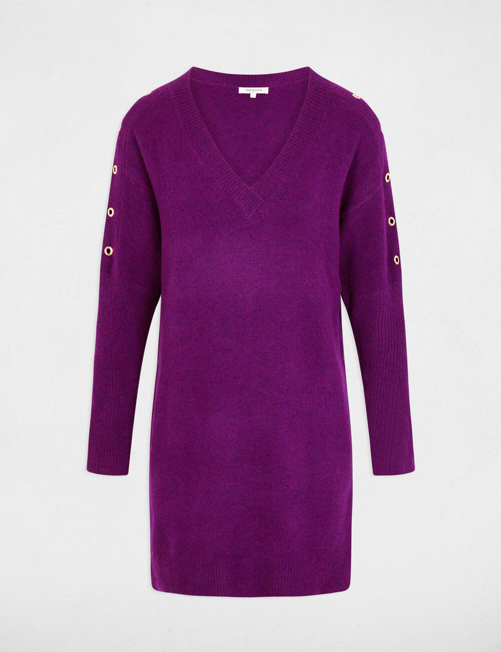 Straight knitted dress eyelets purple women