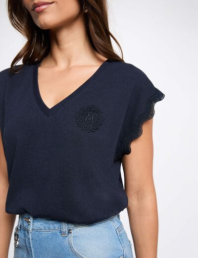 V-neck short-sleeve t-shirt navy blue women