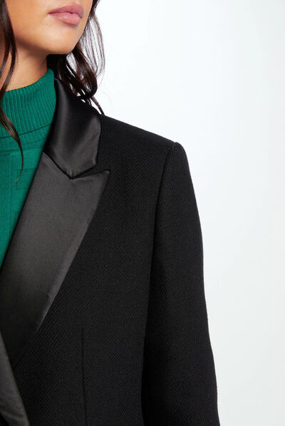 Long coat satin details black ladies'