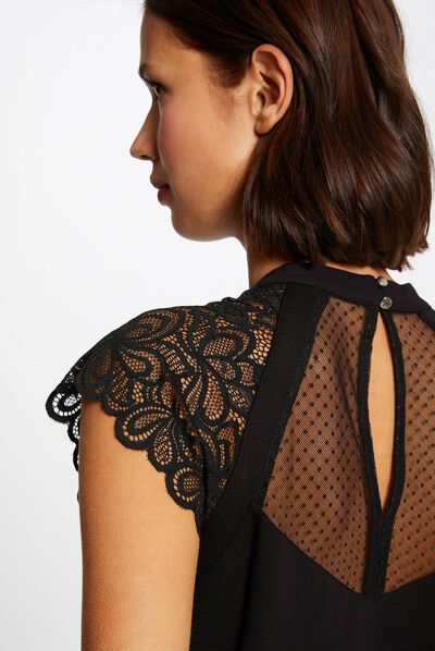 Short-sleeved t-shirt with lace black ladies'
