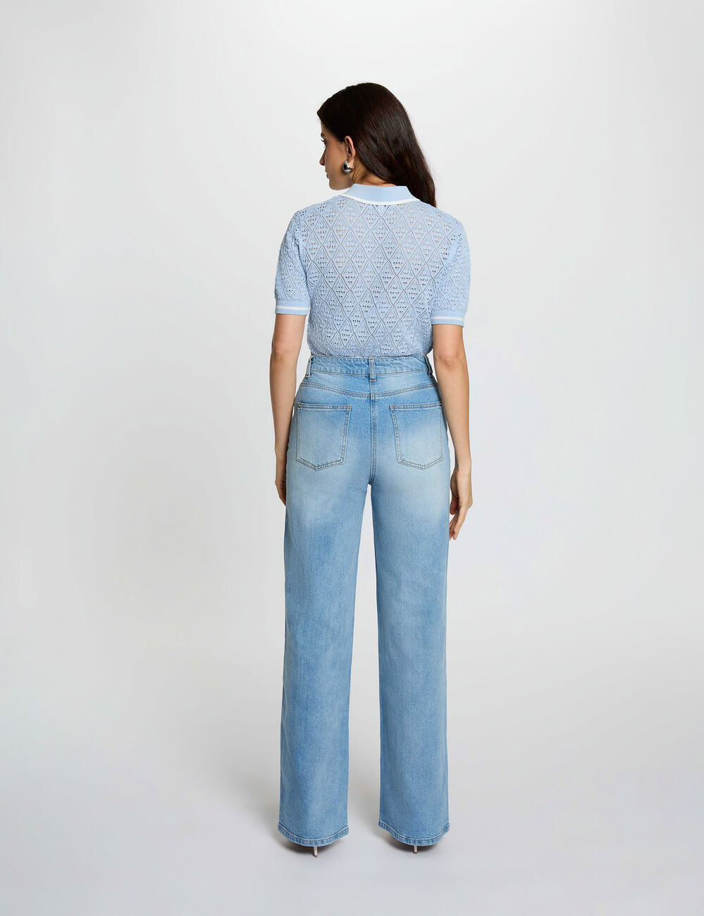 High-waisted wide-leg jeans heavy stone wash denim women