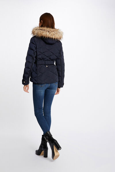 Straight belted padded jacket with hood navy ladies'