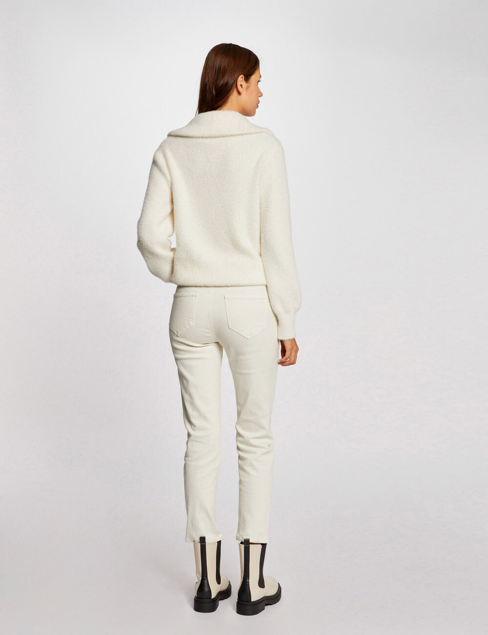 Long-sleeved jumper with zipped collar ivory women