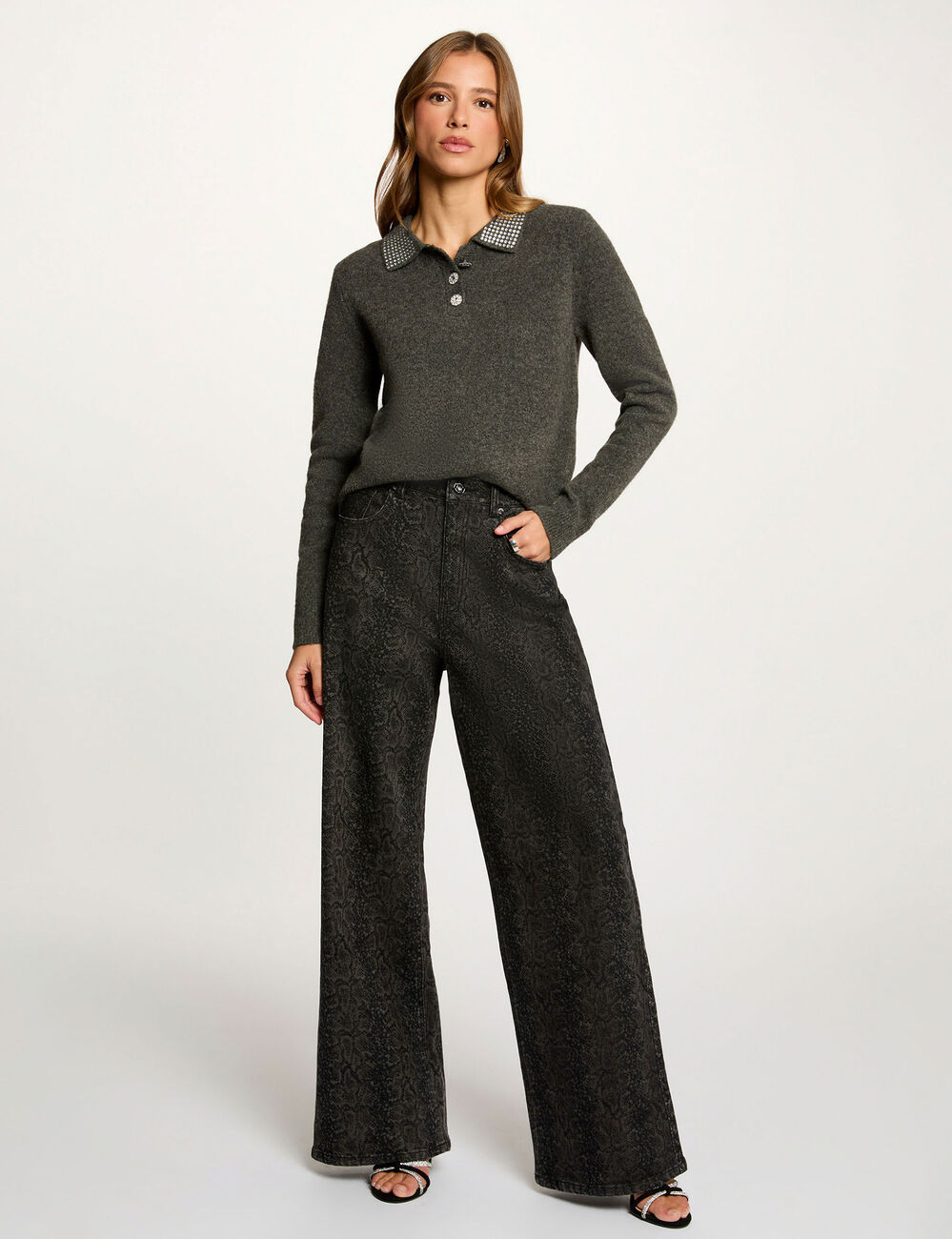 Fitted sweater with turned-down collar dark grey women