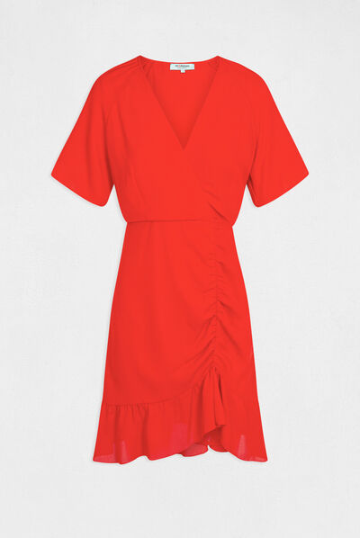 Shirred waisted dress wrap-over neckline red ladies'