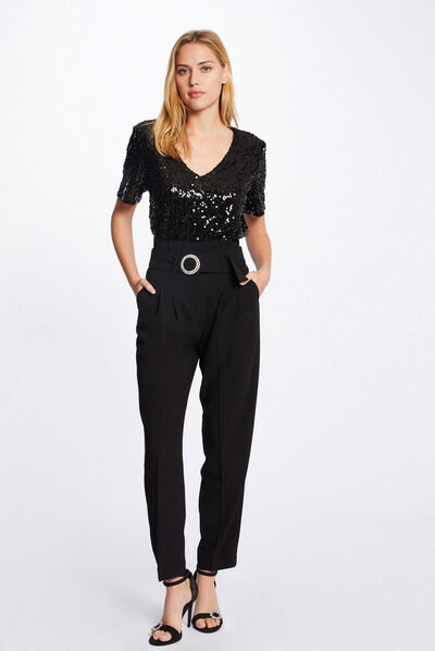 High-waisted straight belted trousers black ladies'