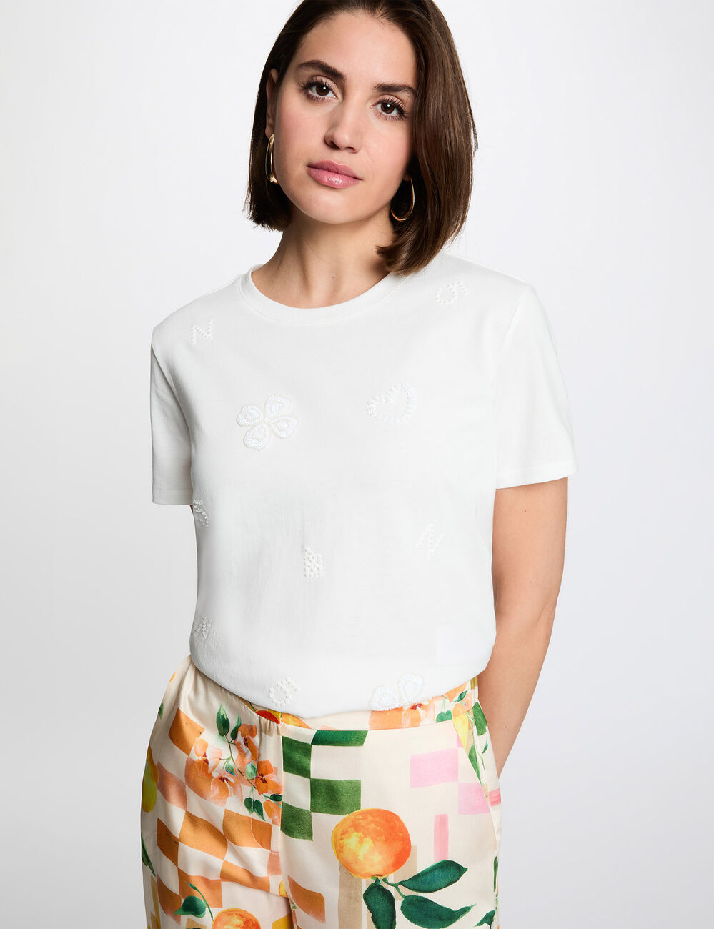 Embroidered round neck t-shirt white women