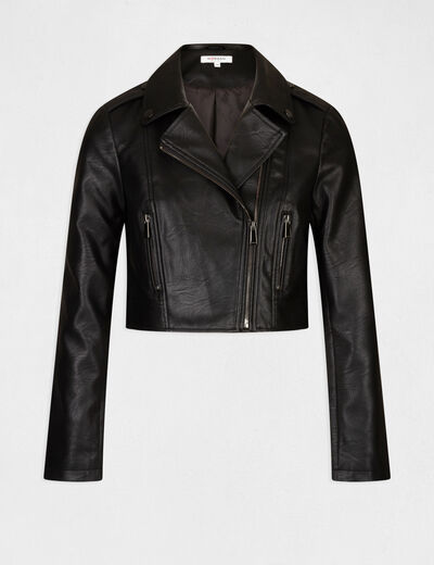 Faux leather straight zipped jacket black ladies'