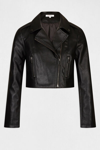 Faux leather straight zipped jacket black ladies'