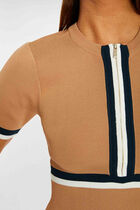 Fitted dress zip and contrasting strips camel women