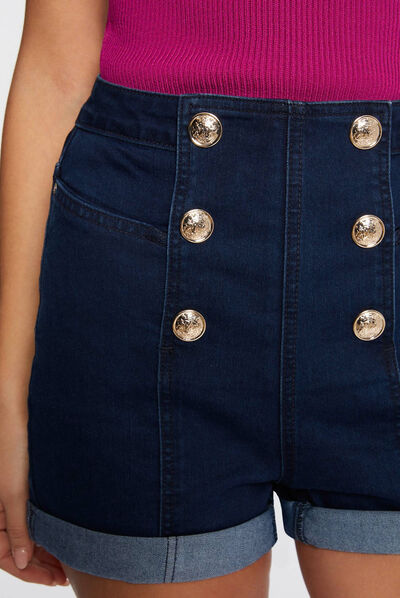 Fitted denim short with buttons raw denim ladies'