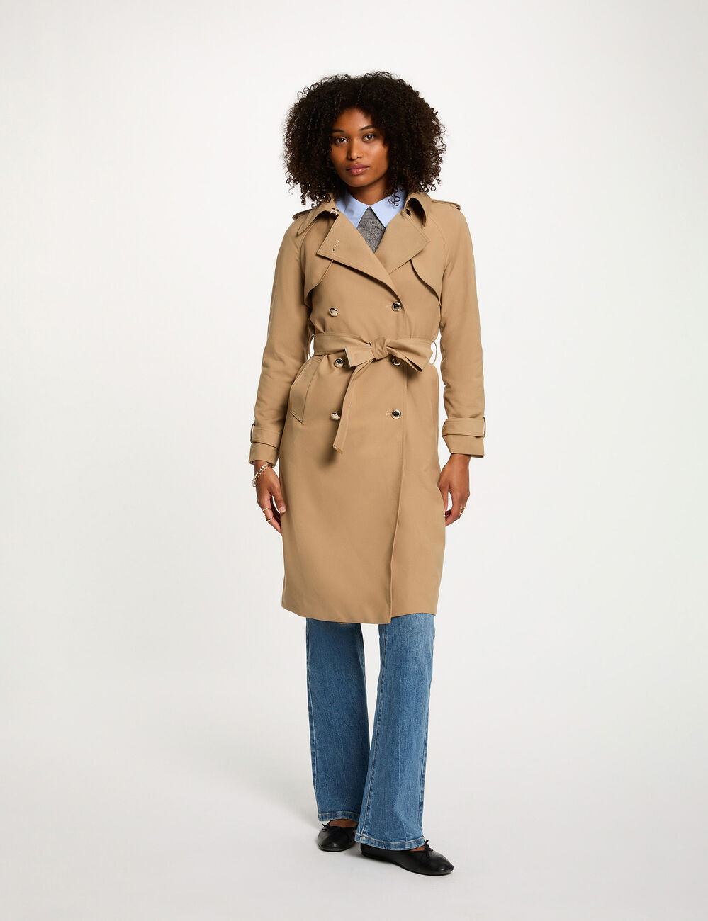 Long trench coat with tailored collar beige women