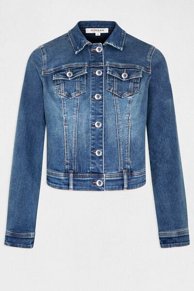 Straight buttoned denim jacket stone denim ladies'