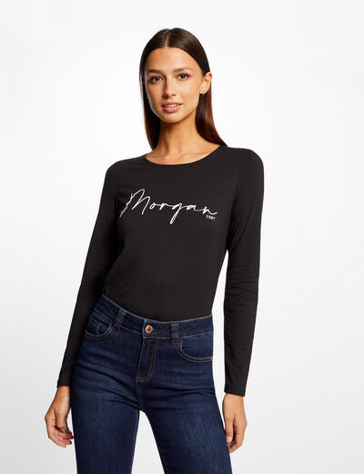 Long-sleeved t-shirt with message black ladies'