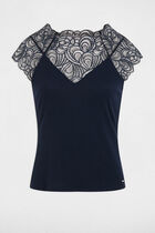 Lace t-shirt with round neck navy blue women