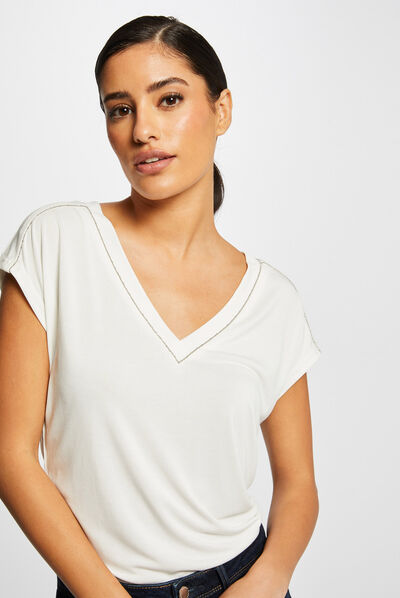 Short-sleeved t-shirt with V-neck ecru ladies'