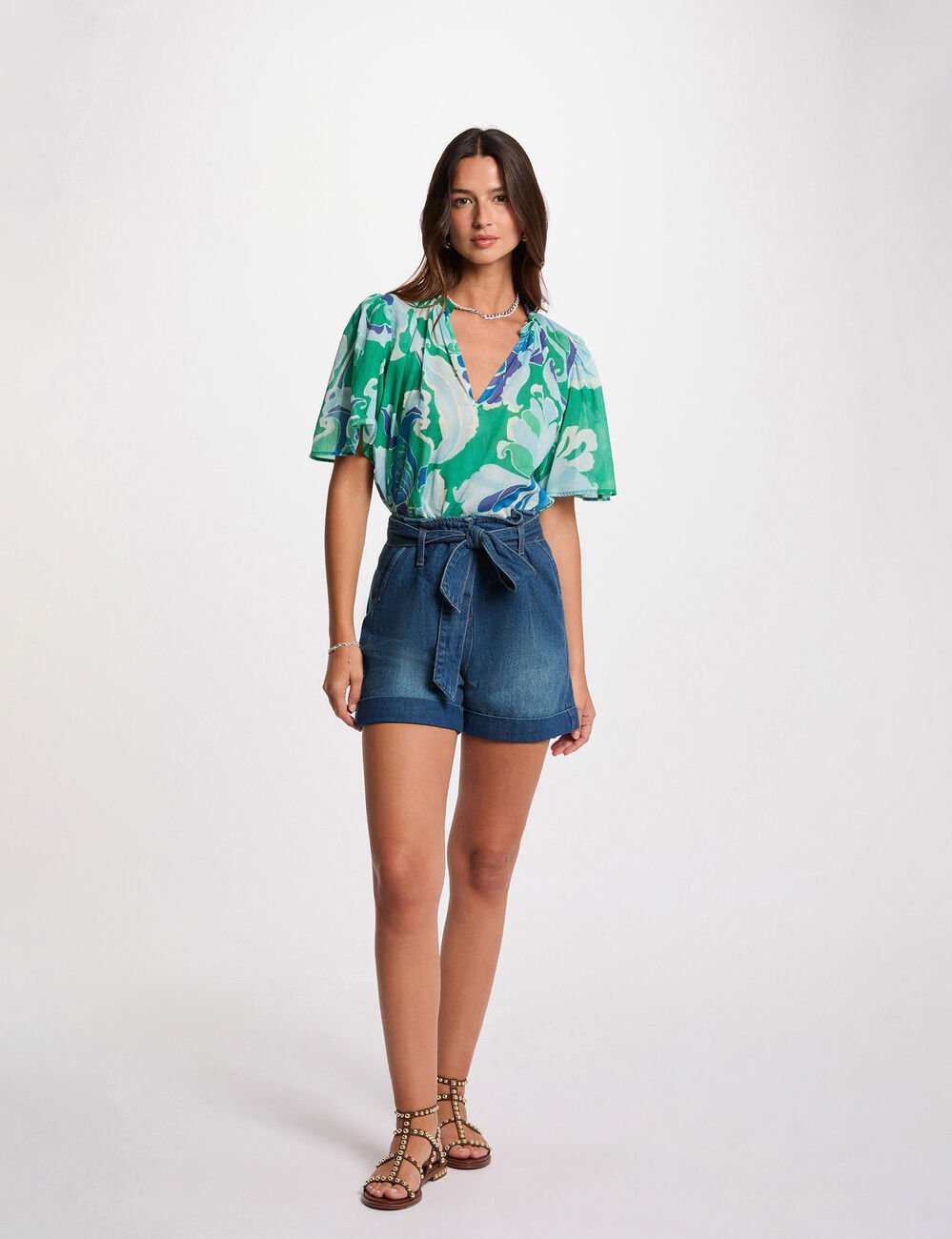 Short en jean ceinturé denim stone femme