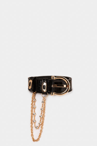 Belt with croc effect and chains black ladies'