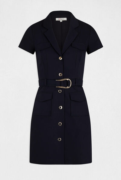 Straight buttoned and belted dress navy ladies'