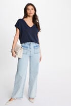 Pull col en V manches courtes bleu pétrole femme
