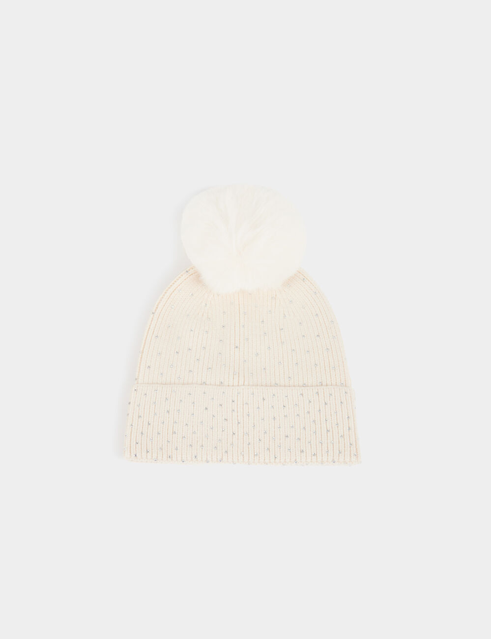 Beanie with rhinestones and pom-pom ivory women