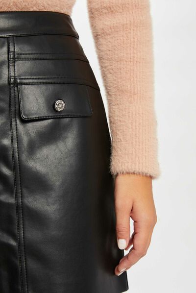 Faux leather buttoned straight skirt black ladies'