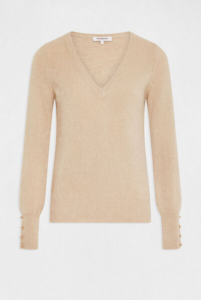 Long-sleeved jumper with V-neck beige ladies'