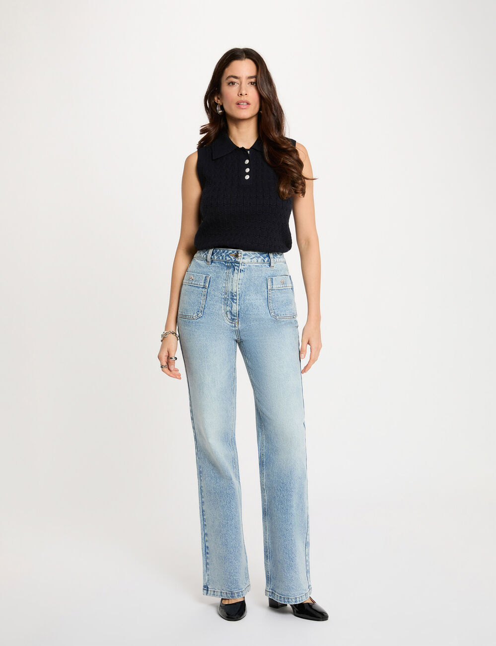 Sleeveless top with folded collar navy blue women