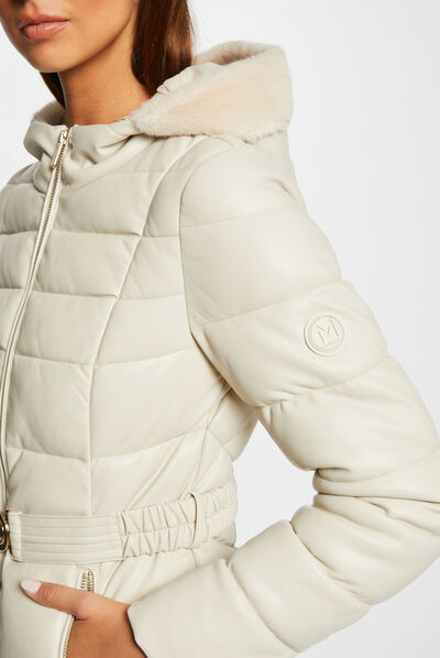 Waisted faux leather padded jacket ivory ladies'