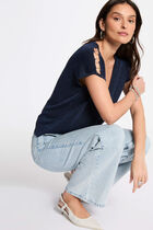Pull col en V manches courtes bleu pétrole femme