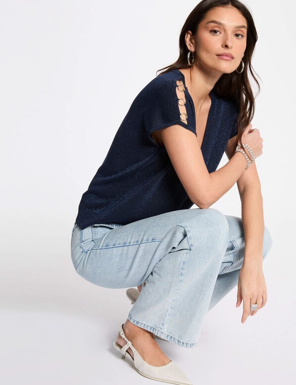 Pull col en V manches courtes bleu pétrole femme