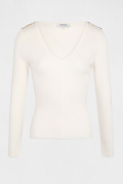 Long-sleeved jumper with V-neck ivory ladies'