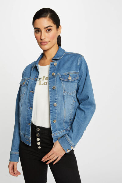 Straight buttoned denim jacket stone denim ladies'